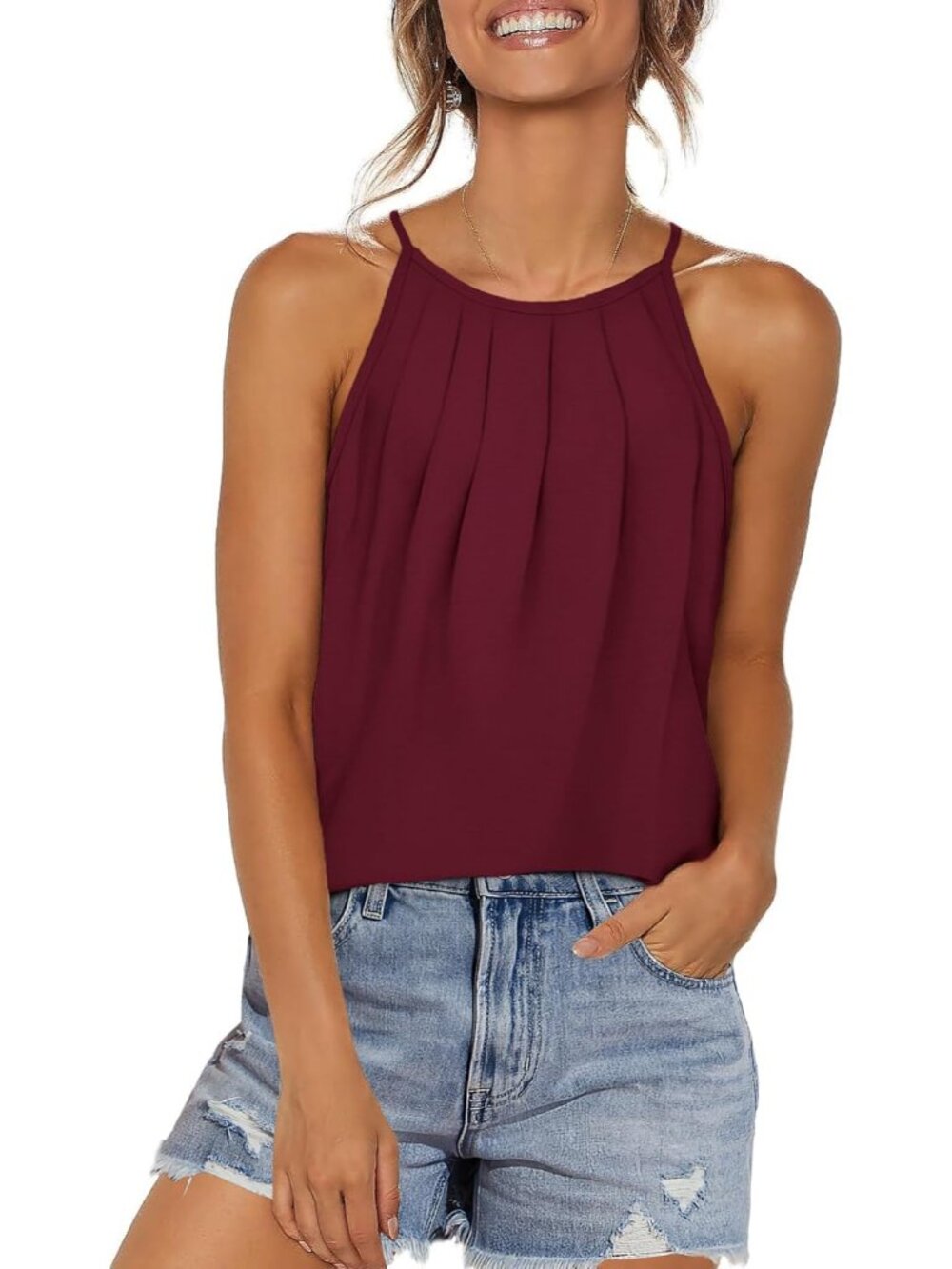 WlHOLL Womens Pleated Tank Tops Spaghetti Strap Camisole Halter Tops Curved Hem